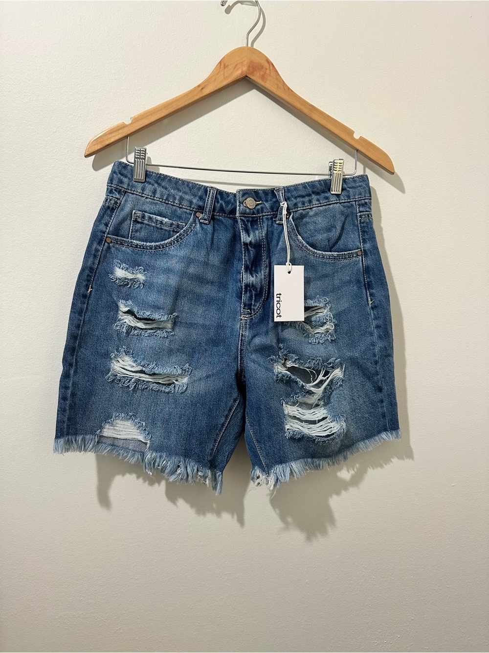 Tricot Distressed High-Rise Denim Shorts - Medium Blue